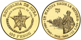 1988. Cuba. 100 pesos. (Fr. 14) (Kr. 202). 31,07 g. AU. 30 Aniversario de la marcha hacia la victoria. Acuñación de 100 ejemplares. Rara. Proof.