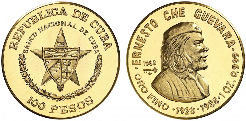 1988. Cuba. 100 pesos. (Fr. 40) (Kr. 203). 31 g. AU. Ernesto Che Guevara. Acuñac...