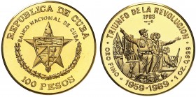 1988. Cuba. 100 pesos. (Fr. 41) (Kr. 204). 31 g. AU. 30 Aniversario del triunfo de la revolución. Acuñación de 100 ejemplares. Rara. Proof.
