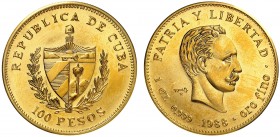 1988. Cuba. 100 pesos. (Fr. 20) (Kr. 215). 31,01 g. AU. José Martí. Acuñación de 50 ejemplares. En estuche. Rara. S/C.