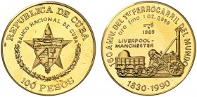 1989. Cuba. 100 pesos. (Fr. 27) (Kr. 316). 31 g. AU. 160 Aniversario del 1er ferrocarril del mundo: Liverpool - Manchester. Acuñación de 150 ejemplare...