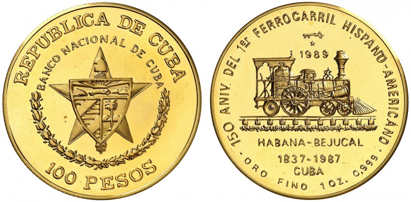 1989. Cuba. 100 pesos. (Fr. 29) (Kr. 317). 31,15 g. AU. 150 Aniversario del 1er ...