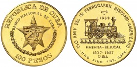 1989. Cuba. 100 pesos. (Fr. 29) (Kr. 317). 31,15 g. AU. 150 Aniversario del 1er ferrocarril Hispano Americano: Habana - Bejucal. Acuñación de 150 ejem...
