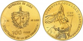 1989. Cuba. 100 pesos. (Fr. 25 var) (Kr. 319 var). 31 g. AU. Bicentenario de la Revolución Francesa - Libertad. Los catálogos sólo mencionan esta piez...