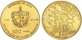 1989. Cuba. 100 pesos. (Fr. 26 var) (Kr. 320 var). 31 g. AU. Bicentenario de la Revolución Francesa - La Bastilla. Los catálogos sólo mencionan esta p...