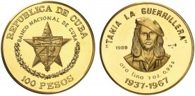 1989. Cuba. 100 pesos. (Fr. 33) (Kr. 333). 31 g. AU. Tania "la Guerrillera". Acuñación de 150 ejemplares. Rara. Proof.