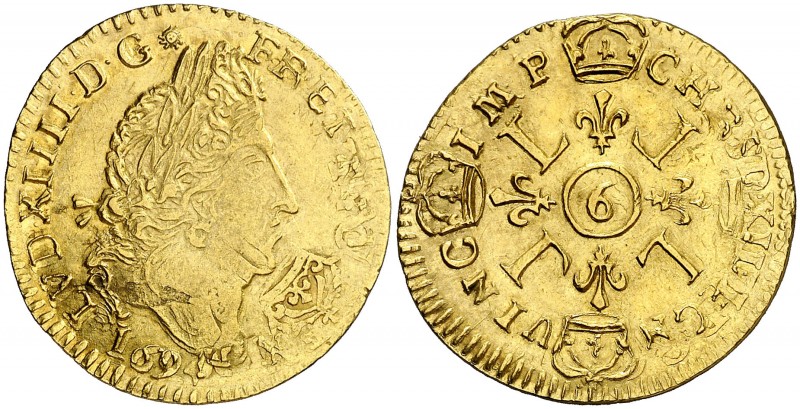 1694. Francia. Luis XIV. 9 (Rennes). 1 luis de oro. (Fr. 433) (Kr. 302.24). 6,72...