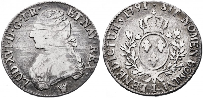 1791. Luis XVI. I (Limoges). 1 ecu. (Kr. 564.7). 28,91 g. Golpecitos. MBC-/MBC.