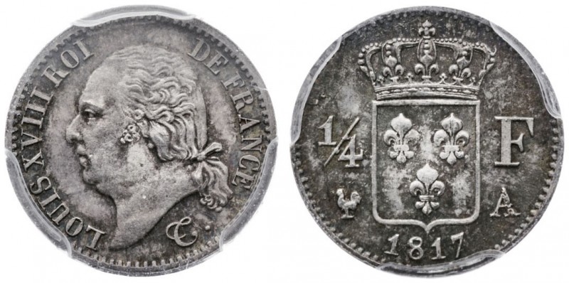 1817. Francia. Luis XVIII. A (París). 1/4 franco. (Kr. 714.1). AG. En cápsula de...