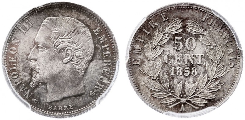 1858. Francia. Napoleón III. A (París). 50 céntimos. (Kr. 794.1). AG. En cápsula...