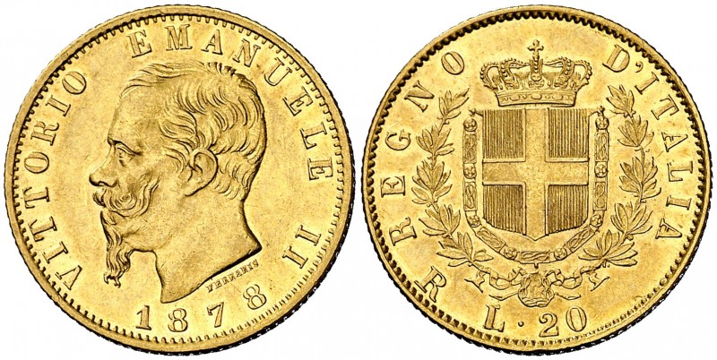 1878. Italia. Víctor Manuel II. R (Roma). 20 liras. (Fr. 12) (Kr. 10.2). 6,44 g....