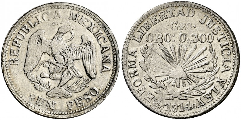 1914. México. Guerrero. 1 peso. (Kr. 641). 14,46 g. AG. Escasa. EBC-.