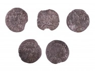 Jaume I (1213-1276). Zaragoza. Dinero jaqués. (Cru.V.S. 318) (Cru.C.G. 2134). Lote de 5 monedas. A examinar. MBC.