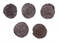 Pere III (1336-1387). Zaragoza. Dinero. (Cru.V.S. 463) (Cru.C.G. 2276). Lote de 5 monedas. A examinar. MBC/MBC+.