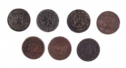 1604 a 1620. Felipe III. Segovia. 4 maravedís. Lote de 7 monedas, una con resello de valor VI. A examinar. Escasas. MBC-/MBC+.