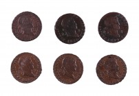 1827 a 1833. Fernando VII. Segovia. 2 maravedís. Lote de 6 monedas distintas. A examinar. MBC-/EBC+.