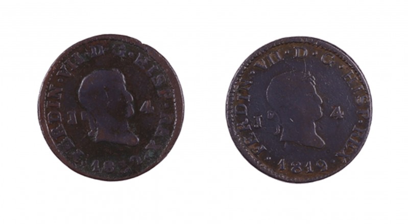 1819 y 1820. Fernando VII. Jubia. 4 maravedís. Lote de 2 monedas. A examinar. BC...