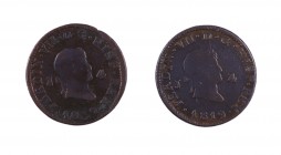 1819 y 1820. Fernando VII. Jubia. 4 maravedís. Lote de 2 monedas. A examinar. BC/MBC-.