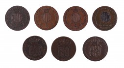 1836 a 1844. Isabel II. Barcelona. 3 cuartos. Lote de 7 monedas distintas. BC/MBC.
