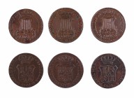 1838 a 1846. Isabel II. Barcelona. 6 cuartos. Lote de 6 monedas, cinco de ellas distintas. BC+/MBC+.