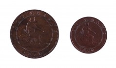 1870. Gobierno Provisional. Barcelona. OM. 1 y 2 céntimos. Lote de 2 monedas. MBC+.