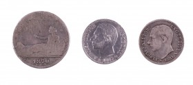 1870*----, 1881*81 y 1885/1*86. Alfonso XII. 50 ( dos) céntimos y 1 peseta. Lote de 3 monedas, una limpiada. RC/MBC+.