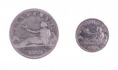 Gobierno Provisional. Lote de dos monedas: 50 céntimos 1869*69 y 2 pesetas 1869*1-69/8. BC/MBC-.