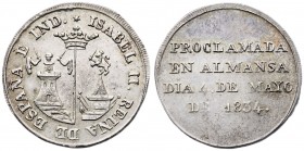 1834. Isabel II. Almansa. Medalla de Proclamación. Módulo 1 real. (Ha. 2). 2,57 g. Leves rayitas. Parte de brillo original. Rara. EBC-.