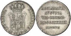 1833. Isabel II. Jaén. Medalla de Proclamación. Módulo 2 reales. (Ha. 16) (V.Q. 13366). 5,92 g. Golpecitos en canto. Escasa. (MBC).