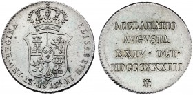 1833. Isabel II. Madrid. Medalla de Proclamación. Módulo 2 reales. (Ha. 21) (V. 749) (V.Q. 13370). 5,98 g. Bella. Brillo original. EBC.