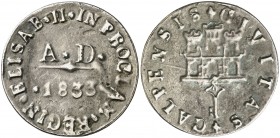 1833. Isabel II. San Roque. Medalla de Proclamación. (Ha. 29) (V. 756) (V.Q. 13379). 8,81 g. Ø29 mm. Plata. Fundida. Muy escasa. MBC+.