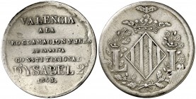 1843. Isabel II. Valencia. Mayoría de edad. (Ha. 20) (V. 795) (V.Q. 13428) (Cru.Medalles 268). 3,83 g. Ø24 mm. Plata. MBC.