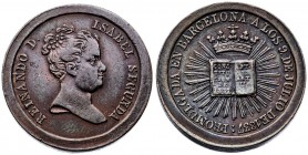 1837. Isabel II. Barcelona. Proclamación de la Constitución. (V. 774) (V.Q. 14270) (Cru.Medalles 535A). 7,73 g. Ø24 mm. Bronce. MBC+.