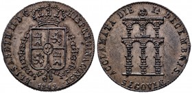 1843. Isabel II. Segovia. Mayoría de edad. (Ha. 15 var. metal) (V. 790var. metal) (V.Q. 13423 var.metal). 5,14 g. Ø24 mm. Bronce. Golpecitos. Bella. E...