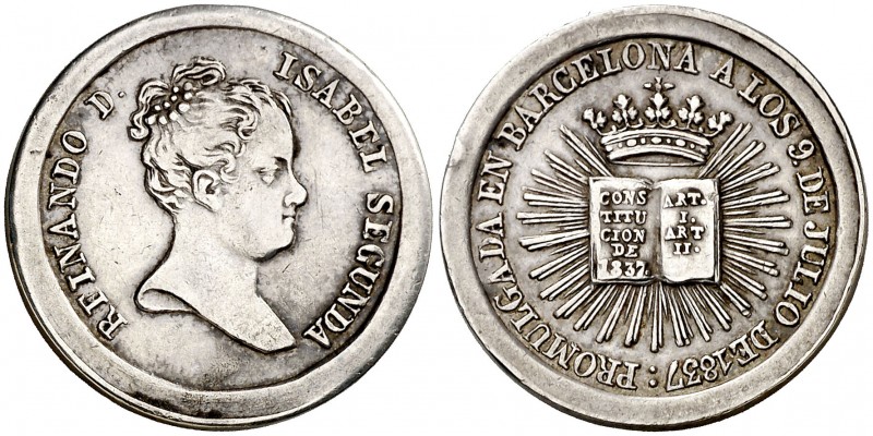 1837. Isabel II. Barcelona. Proclamación de la Constitución. Medalla. (V. 774 va...