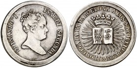 1837. Isabel II. Barcelona. Proclamación de la Constitución. Medalla. (V. 774 var. por metal) (V.Q. 14269) (Cru.Medalles 535). 7,39 g. Ø23 mm. Plata. ...
