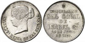 1858. Isabel II. Inauguración del canal de Isabel II (Lozoya). Medalla. (V. 407) (V.Q. 14338). 7,70 g. Ø23 mm. Plata. EBC+.