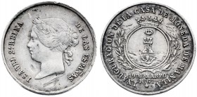 1861. Isabel II. Manila. Inauguración de la Casa de Moneda. (V. 427) (V.Q. 14355 var. metal). 5,17 g. Ø22 mm. Plata. Golpes. Rara. MBC.