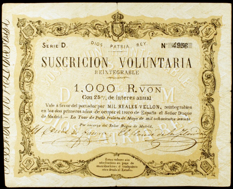 1870. La Tour de Peilz. 1000 reales de vellón. (Ed. A208f) (Ed. 199F). 30 de may...