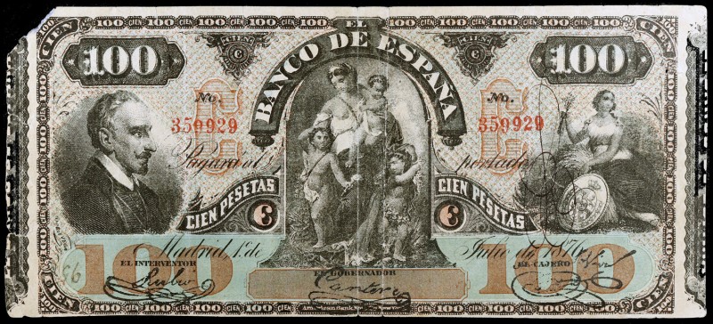 1876. 100 pesetas. (Ed. B53f) (Ed. 269F). 1 de julio, Lope de Vega. Falso de épo...