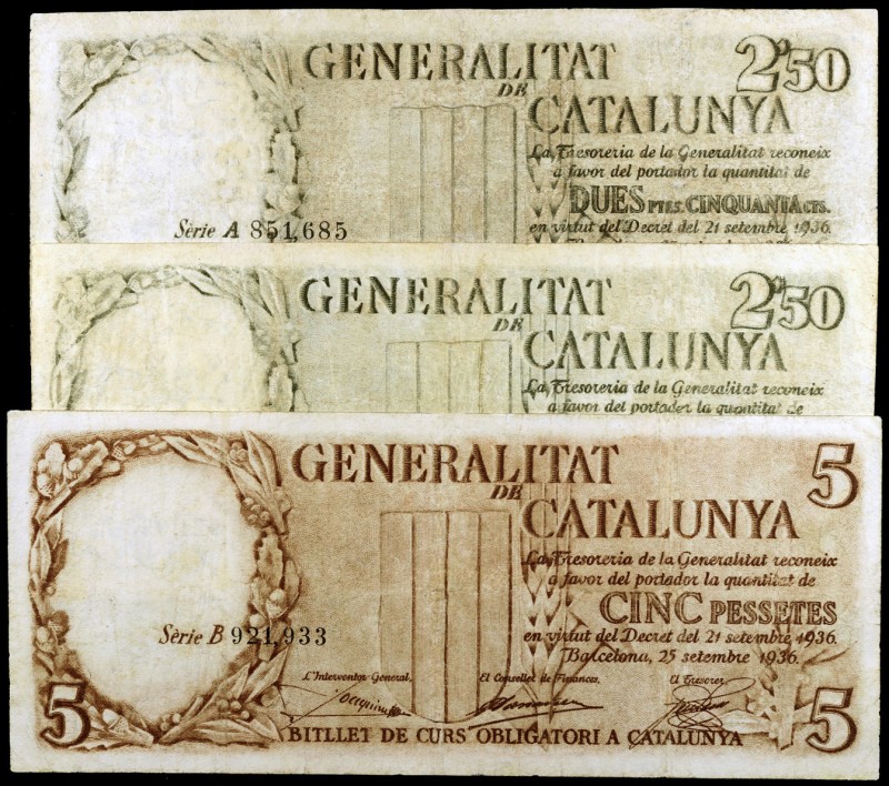 1936. Generalitat de Catalunya. 2,50 (en rojo y negro) y 5 pesetas. (Ed. C23, C2...