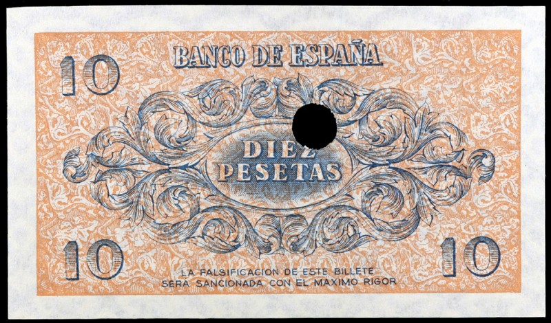 (1936). Burgos. 10 pesetas. Prueba del reverso sin numeración. Con taladro. Rara...