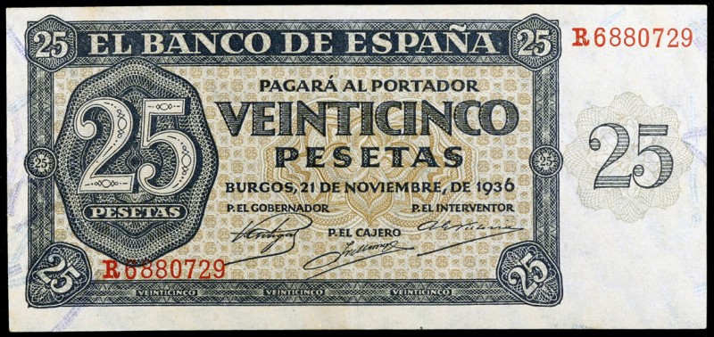 1936. Burgos. 25 pesetas. (Ed. D20a) (Ed. 419a). 21 de noviembre. Serie R. Leve ...