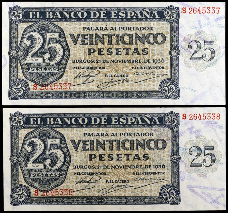 1936. Burgos. 25 pesetas. (Ed. D20a) (Ed. 419a). 21 de noviembre. Pareja correla...