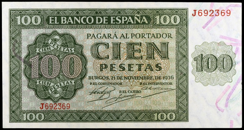 1936. Burgos. 100 pesetas. (Ed. D22a) (Ed. 421a). 21 de noviembre. Serie J. Una ...