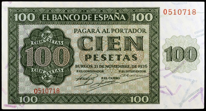 1936. Burgos. 100 pesetas. (Ed. D22a) (Ed. 421a). 21 de noviembre. Serie O. Esqu...