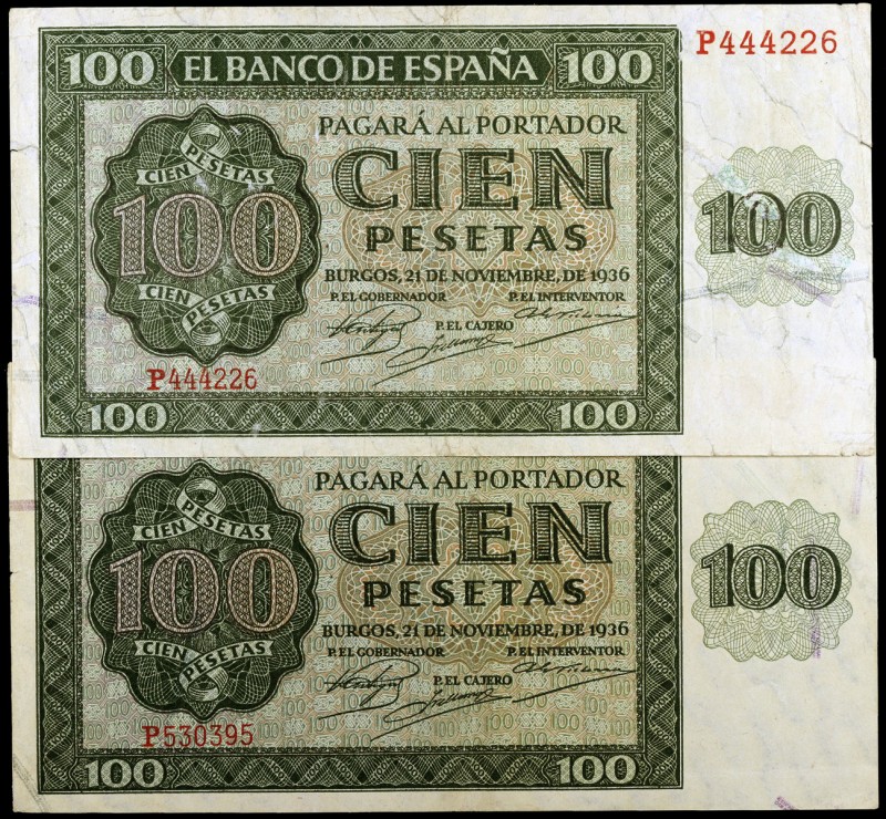 1936. Burgos. 100 pesetas. (Ed. D22a) (Ed. 421a). 21 de noviembre. 2 billetes, s...