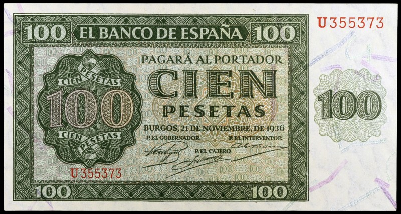 1936. Burgos. 100 pesetas. (Ed. D22a) (Ed. 421a). 21 de noviembre. Serie U. S/C-...