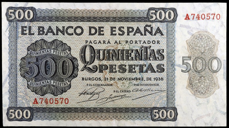 1936. Burgos. 500 pesetas. (Ed. D23) (Ed. 422). 21 de noviembre. Serie A. Leve d...