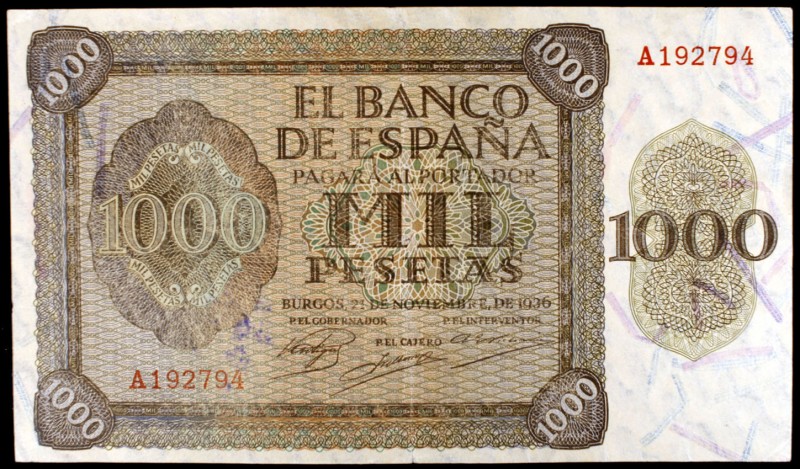 1936. Burgos. 1000 pesetas. (Ed. D24) (Ed. 423). 21 de noviembre. Serie A. Lavad...